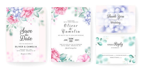 Floral wedding invitation card template set with watercolor floral arrangements and border. Flowers decoration for save the date, greeting, thank you, poster, cover. Botanic illustration vector
