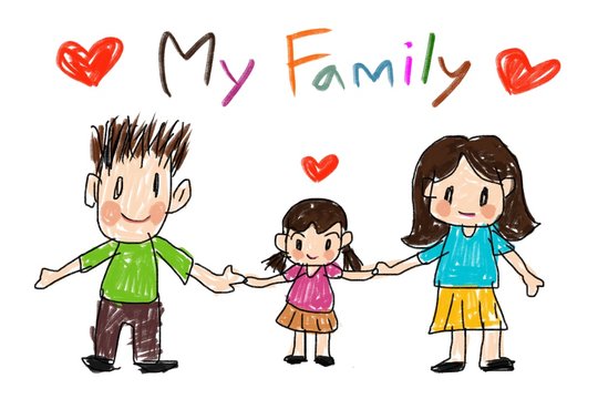 Children painting with a pencil  Draw a happy family with a father, mother and child. Have love.