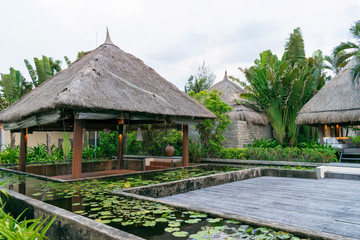 Fototapeta na wymiar Thatched roof hut and pool with water lilies at hotel in the tropics