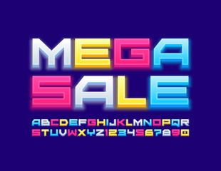 Vector bright poster Mega Sale with creative colorful Font. Glowing Alphabet Letters and Numbers