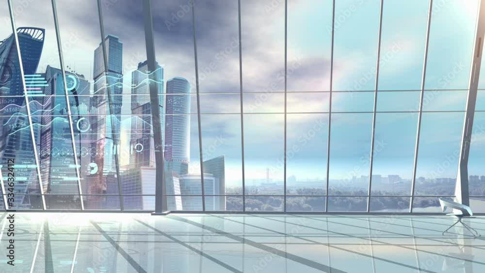 Poster large array of infographics on a business center background.