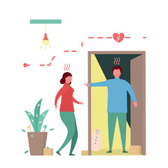 Man argues girlfreind in front of the door. Vector illustration in flat style.