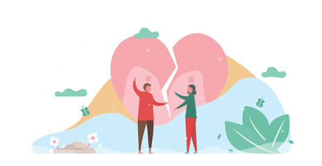 Man argues with woman in the park. Couple of love design for winter season. Vector illustration in flat style.