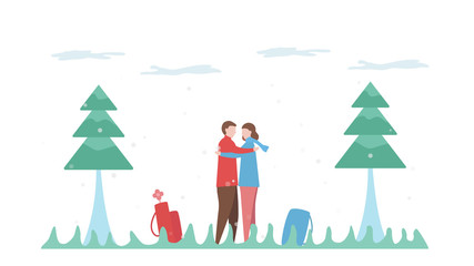 Man hugs his girlfriend among the meadow field. Scene design about couple of love in winter season. Vector illustration in flat style.