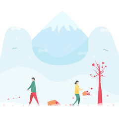 Couple of love is broken heart in winter season. Drop down of hearts on the floor. Vector illustration is in flat style.