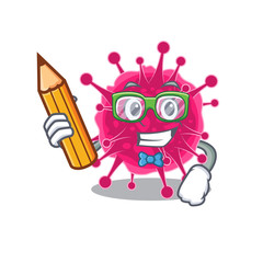 A brainy student picornaviridae cartoon character with pencil and glasses