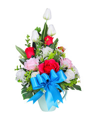 Rose flowers colorful bouquet with blue ribbon bow in vase gift isolated on white background , clipping path