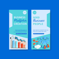 Business flyer design with watercolor painting of chart, coins illustration.