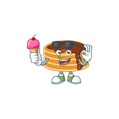 Cute chocolate cream pancake cartoon character enjoying an ice cream