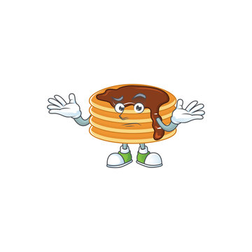 An image of chocolate cream pancake in grinning mascot cartoon style