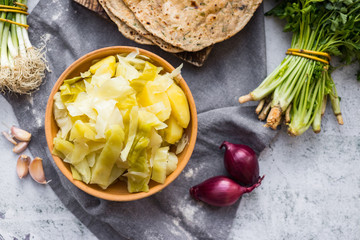Vegetable stew with cabbage and potato. Vegan, vegetarian heathy dietary food.