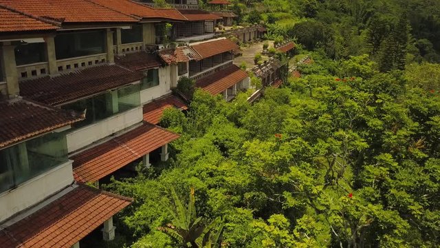 Aerial drone video of abandoned hotel in Bedugul, Bali island.