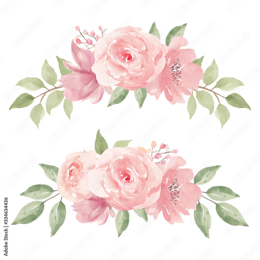 Wall mural Watercolor illustration of pink rose flower arrangement collection