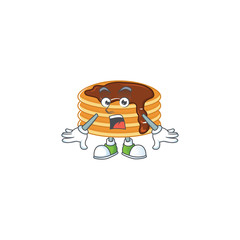 A cartoon design of chocolate cream pancake showing an amazed gesture