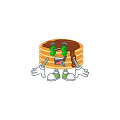 mascot character style of rich chocolate cream pancake with money eyes