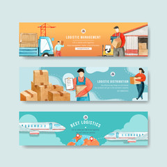 Fototapeta premium Logistics banner design with watercolor painting of truck, box, plane illustration.