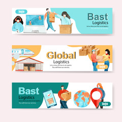 Banner design with watercolor painting of box, men, women vector illustration.
