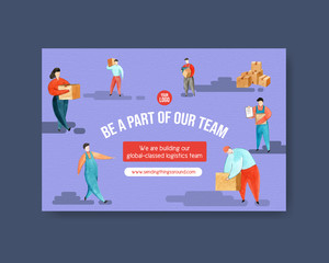 Logistics Facebook design template with watercolor painting of transportation staff illustration.