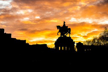Colorful Sunrise burning sky Koblenz City historic monument German Corner where river rhine and...