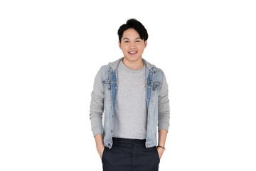 Fototapeta premium Young Asian man in jean dress isolated white background