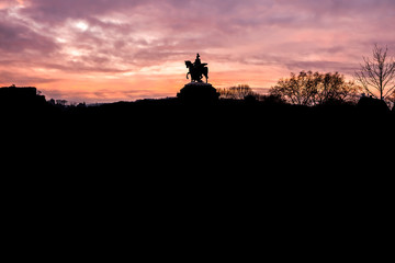 Colorful Sunrise burning sky Koblenz City historic monument German Corner where river rhine and...