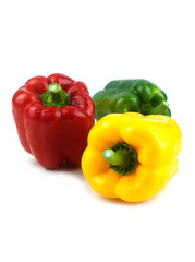three Bell pepper Red yellow and green fresh delicious isolated on white background