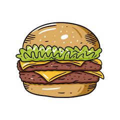 Double cheeseburger. Hand drawn colorful vector illustration in cartoon style. Isolated on white background.