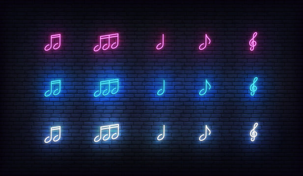 Musical notes neon set. Music notes glowing sign of purple, blue and white colors