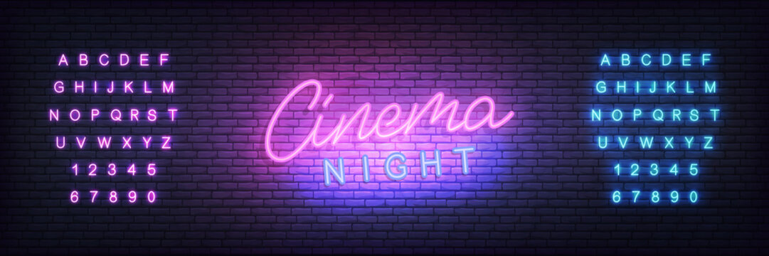 Cinema neon template. Glowing letteing Cinema night label