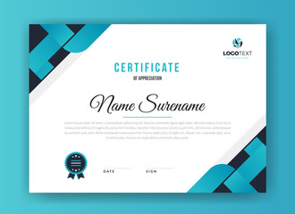 Certificate design template vector with blue and white color suitable for appreciation, diploma or award. Creative certificate of appreciation award template with blue shapes and badge
