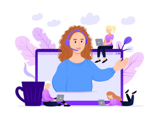 Concept customer and operator, online technical support 24-7 for web page. Vector illustration ginger hair female hotline operator advises client. Online assistant, virtual help service.