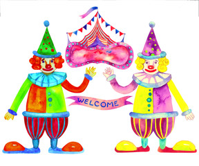Obraz na płótnie Canvas Clowns with circus tent banners. Welcome amusement park illustration. Kids party, celebration design. Watercolor illustration isolated on white