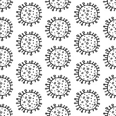 Seamless pattern bacterium coronavirus vector illustration. Stop COVID-19. Black and white vector background, texture