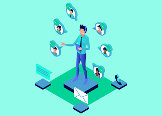 Isometric Vector Illustration Representing Customer Care Serving Customers with telephone and Multiple Media Using Headphone