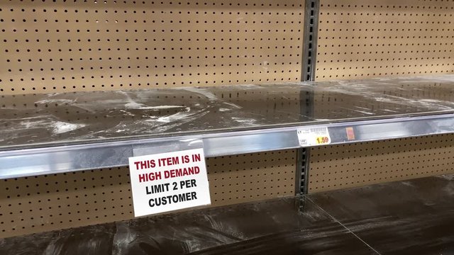 Empty Grocery Store Shelf With A Sign That Says This Item Is In High Demand Limit Two Per Customer