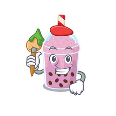 A creative taro bubble tea artist mascot design style paint with a brush