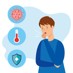 man sick of coronavirus 2019 ncov with set icons vector illustration design