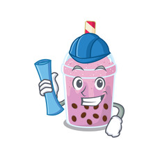 Cartoon character of taro bubble tea brainy Architect with blue prints and blue helmet