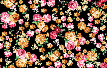 pink Shabby chic vintage roses, tulips and forget-me-nots vintage seamless pattern, classic chintz floral repeat background for web and print