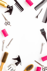 Hairdressing mockup - with brush, spray and sciccors - on white background top-down frame copy space