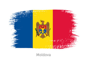 Moldova official flag in shape of paintbrush stroke. Moldovan national identity symbol. Grunge brush blot object isolated on white background vector illustration. Moldova country patriotic stamp.