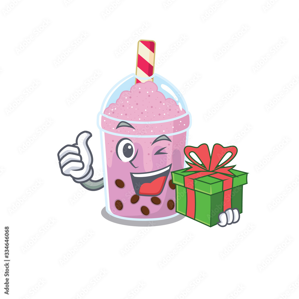 Poster Smiling taro bubble tea cartoon character having a green gift box