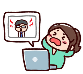 テレワーク　オンライン　仕事をする女性 イライラ