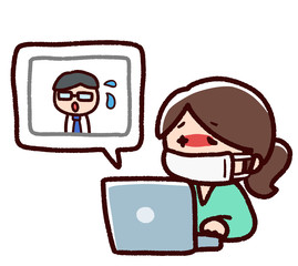 テレワーク　オンライン　仕事をする女性　体調不良