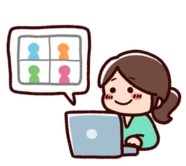 テレワーク　オンライン会議　仕事をする女性