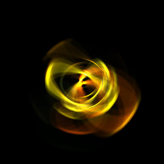 Spinning rays of light isolated on black background. Graphic 2D illustration of glowing colorful light particles in circular motion.