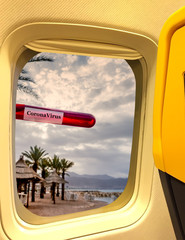 Deserted beaches of the Red Sea due to threat of epidemic of Corona Virus, concept image with window in airplane
