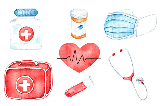 Medical equipment, watercolor illustrations. First aid kit, pulse, medical mask, stethoscope, tablets.