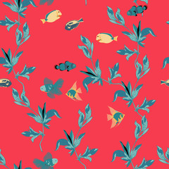Seamless vector pattern with thin black twigs and fish on a bright pink background.