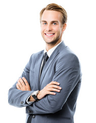 Portrait of happy smiling handsome businessman in grey confident suit, isolated on white...